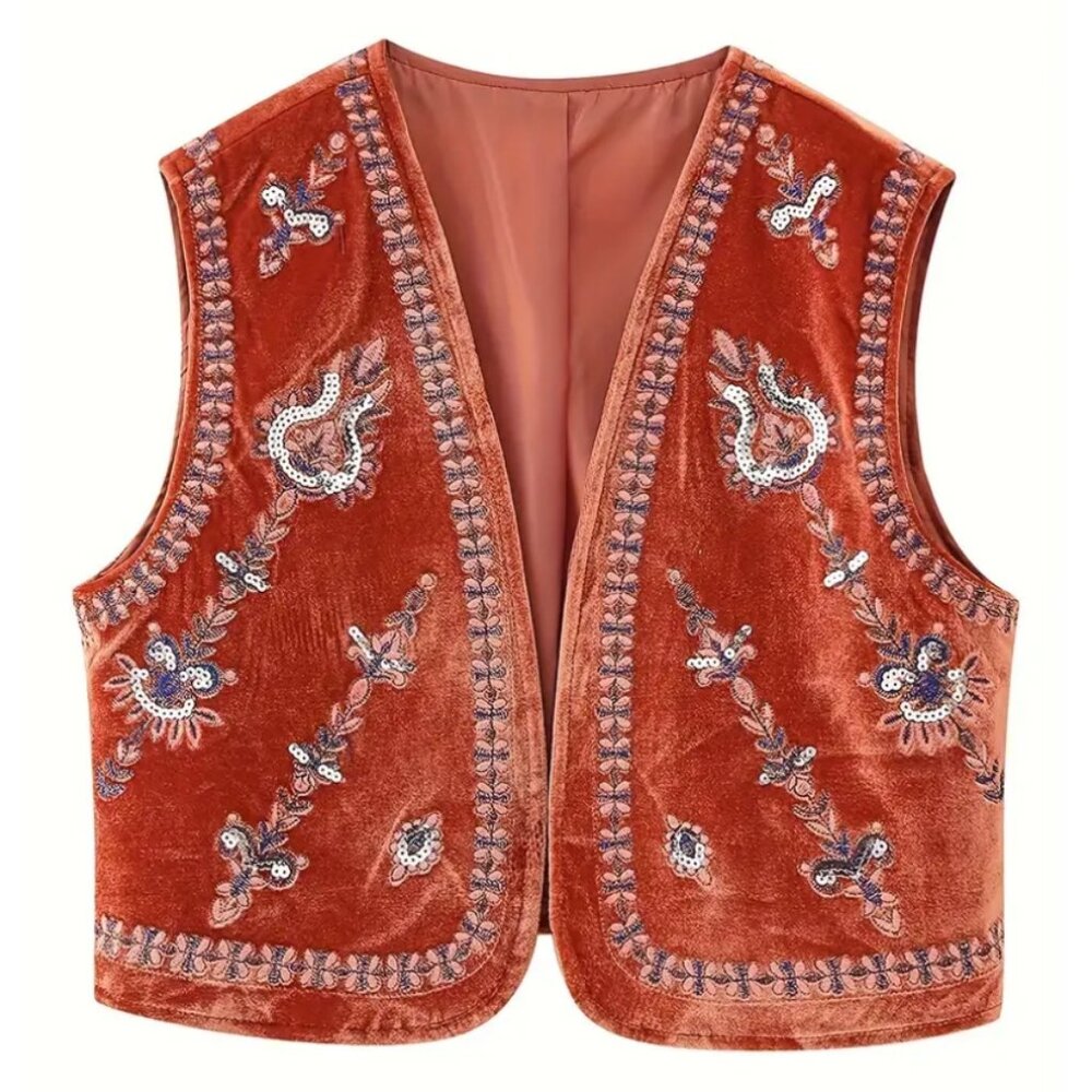 Boho Style Floral Embroidered Velvet Vest – Sleeveless Knit Cardigan